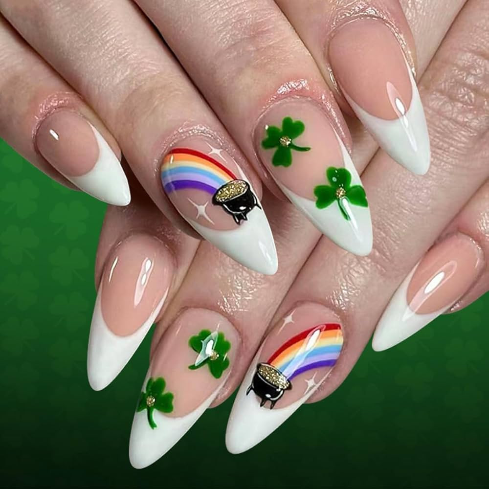 St. Patrick's Day Press on Nails - Short Almond Fake Nails Press ons with Shamrock Rainbow Design... | Amazon (US)