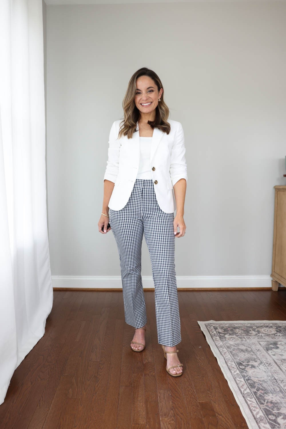 3 petite friendly pants you can wear to work! 

Nicki Pants (J.Crew Factory): petite 0 | 10” rise | 25.5” inseam | size up | sold out in gingham, available in black and navy  

White top (Nordstrom): petite xs 
White blazer (J.Crew Factory): petite 00 

Wedges (LOFT): true to size - straps are snug 

My measurements for reference: I’m 4’10” and 105lbs. My bust, waist, and hip measurement is 32”, 24”, and 36”.