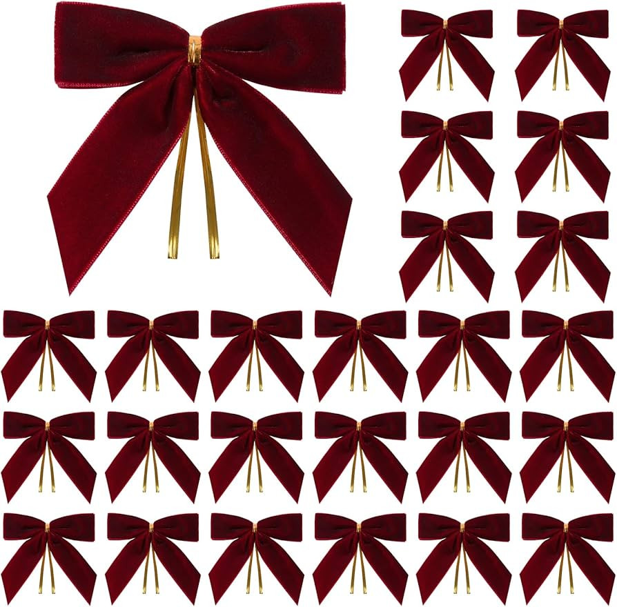 24 Pcs Burgundy Small Velvet Christmas Bows for Christmas Tree, Wreath, Gift Wrapping, Crafts, We... | Amazon (US)