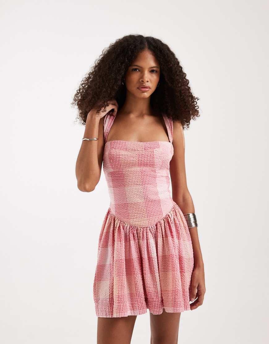 Free People laurel plaid drop waist mini dress in pink check combo-Multi | ASOS (Global)