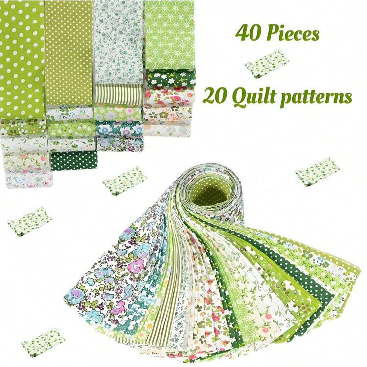 40pcs Green Quilting Fabric Strips - 6.6x50.04 Cm Precut Patchwork DIY Sewing Supplies With Assorted Floral & Polka Dot Patterns For Quilting, Crafts, Home Decor, Craft Fabric Strips | Floral Fabric Patterns | SHEIN
