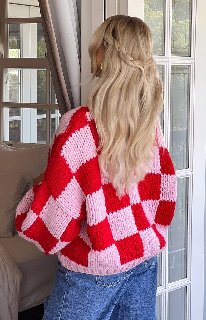 Envi Pink And Red Checkered Knit Cardigan | Beginning Boutique (AU)