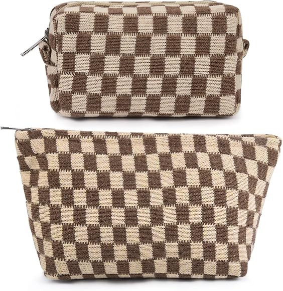 SOIDRAM 2 Pieces Makeup Bag Large Checkered Cosmetic Bag Capacity Canvas Mix Travel Toiletry Bag ... | Amazon (US)