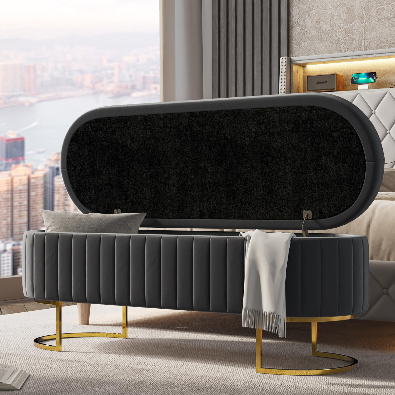 50" Velvet Storage Bench, Bedroom Bench with 2 Additional Ottomans,Upholstered End of Bed Bench w... | Amazon (US)