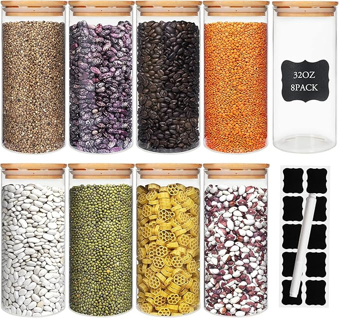 Glass Food Storage Containers Jars with Airtight Bamboo Lid 30oz 8pcs, 890ml Pantry Organization ... | Amazon (US)