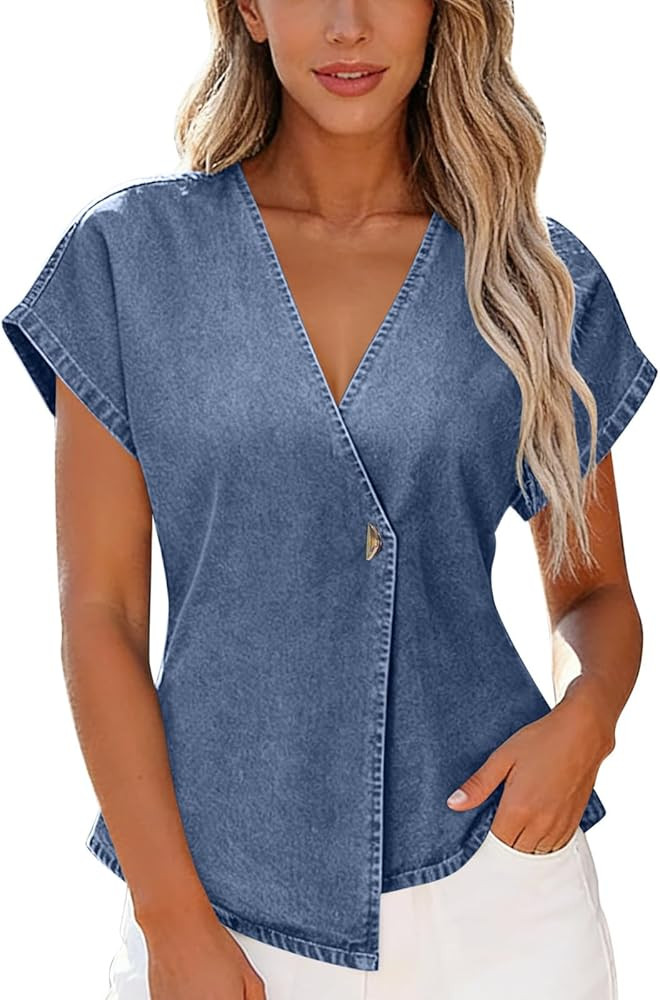 Womens Denim Shirts Short Sleeve Button Shirt Summer Casual Wrap Tops Asymmetrical V Neck Work Bl... | Amazon (US)
