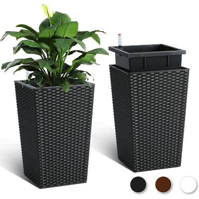 coucheta 16" Tall Planter Set of 2, Large Rattan Flower Pot with Trays & Water Level Monitor, Outdoor Indoor for Patio, Porch, Living Room, Black | Target