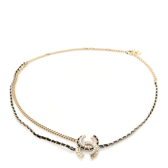 Lambskin Pearl Crystal Chain CC Belt 85 Gold Pearly White Black | FASHIONPHILE (US)