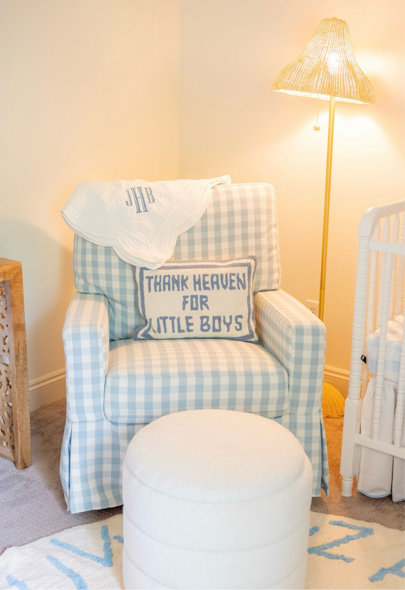 Baby Boy Nursery
Grandmillennial nursery
Classic nursery 
Southern nursery 
Gingham nursery glider 
Jenny Lind crib 

#LTKBaby #LTKHome #LTKBump
