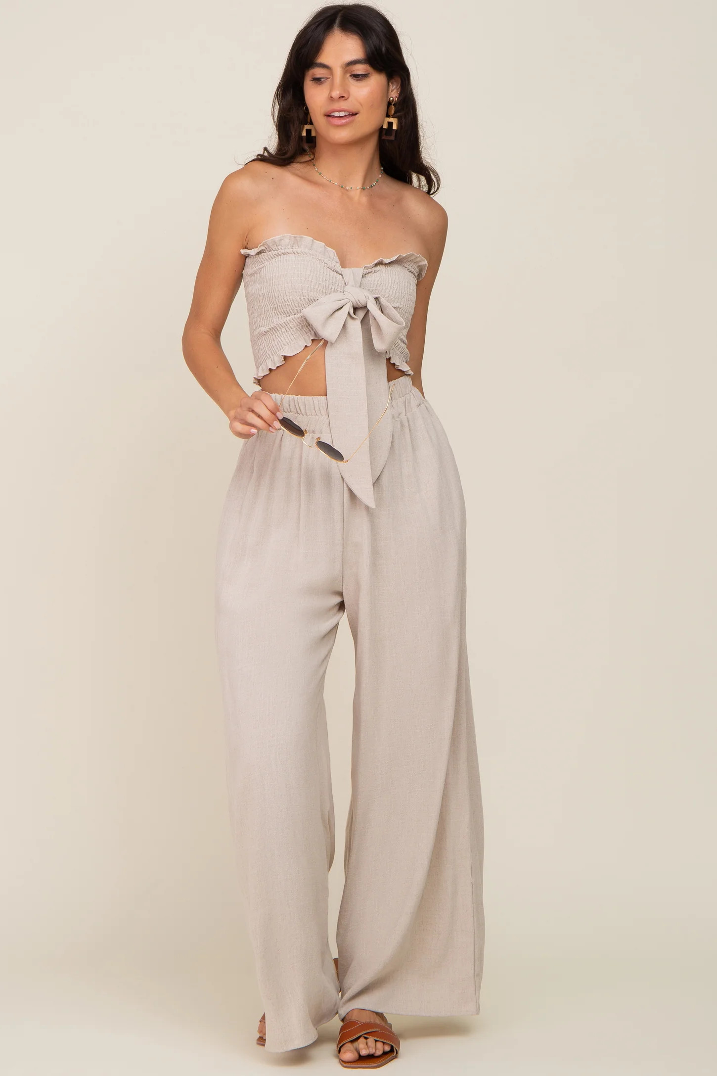 Beige Front Tie Crop Top and Pant Set | PinkBlush Maternity