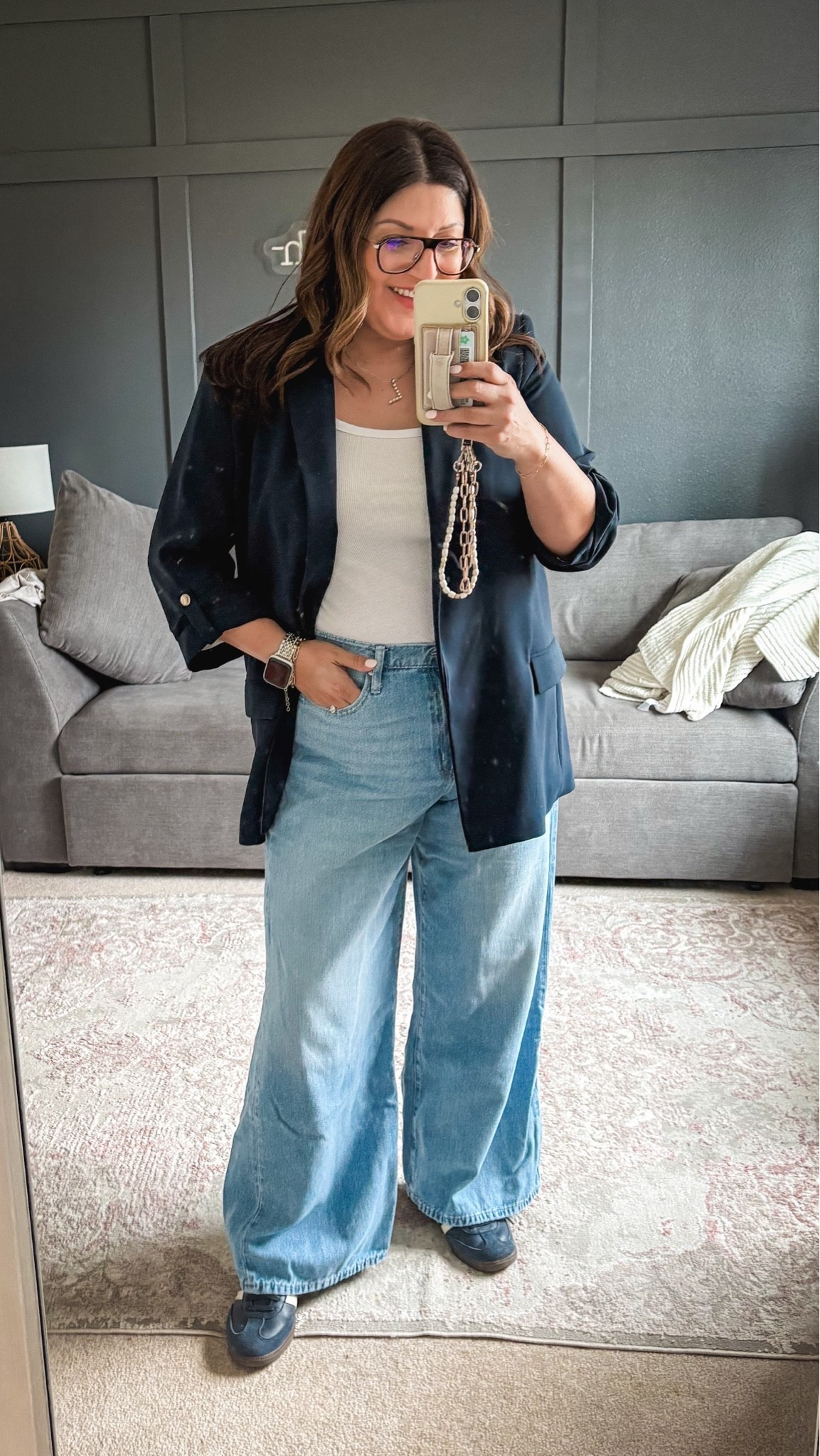 Navy blazer (old but linked similar)
Target tank - XL
GAP Factory jeans - 33
Adidas

#LTKOver40 #LTKMidsize #LTKootd