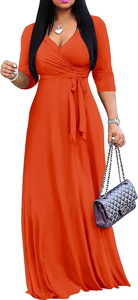 Mrskoala Women Plus Size Long Maxi Wrap Dresses Summer Sundress V-Neck 3/4 Sleeve | Amazon (US)