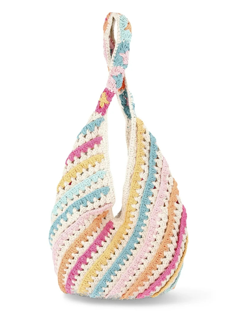 No Boundaries Festival Crochet Hobo Bag, Natural Stripe, Women's | Walmart (US)