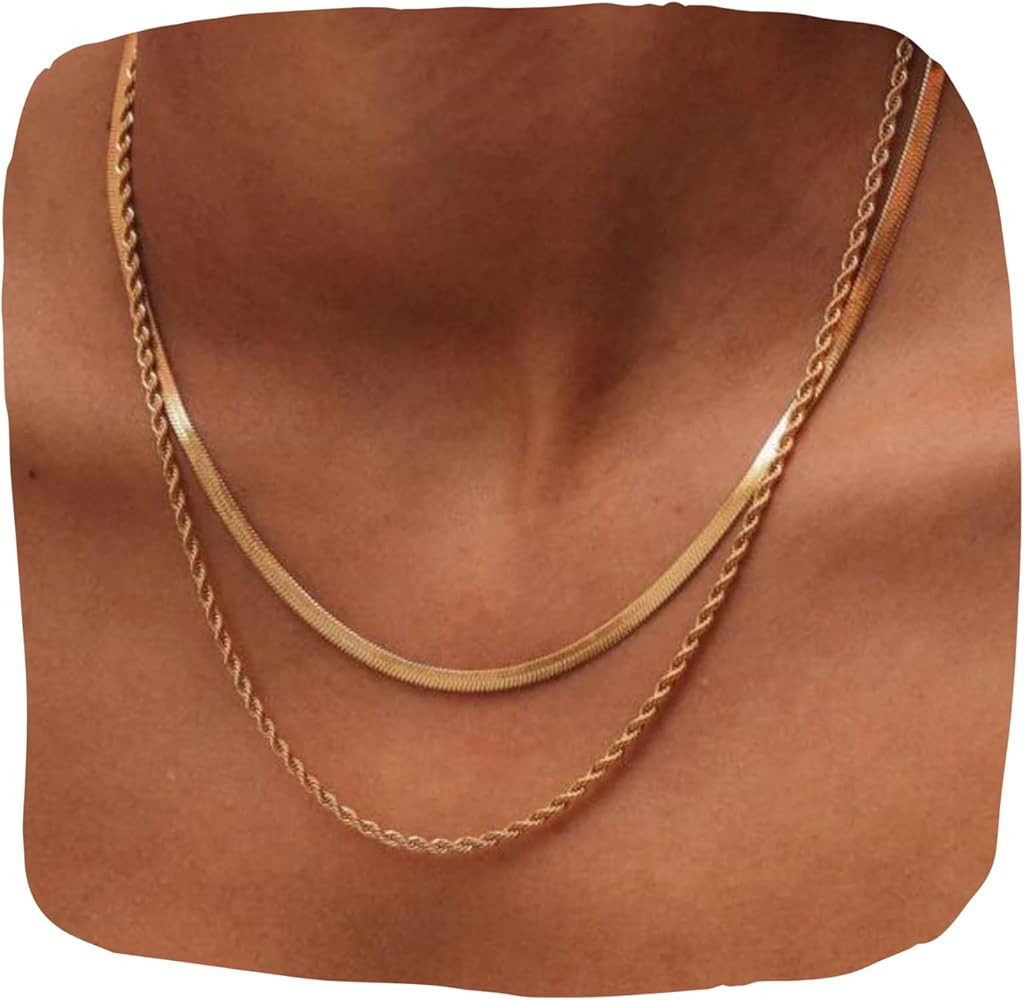 3mm 15.94' Herringbone Necklace + 2mm 17.30' Rope Chain Necklace | Amazon (US)