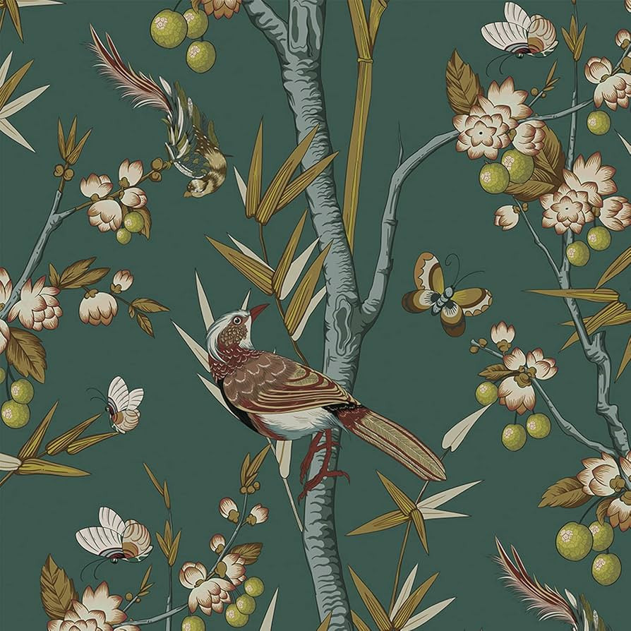 Hopepak 15.3'' X 118'' Floral Peel and Stick Wallpaper Dark Green Vintage Flower and Bird Wallpap... | Amazon (US)