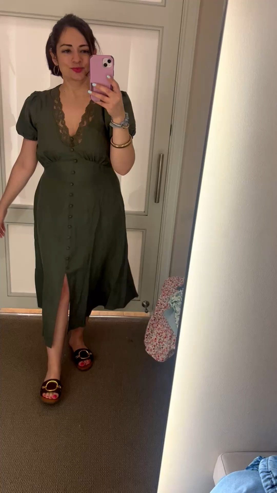 Spring outfits 2026 chic midi lace detail olive green dress why I didn’t take it home I’m not sure lol wearing a size 2 would have needed a 4 it’s 50% off today 

#LTKSaleAlert