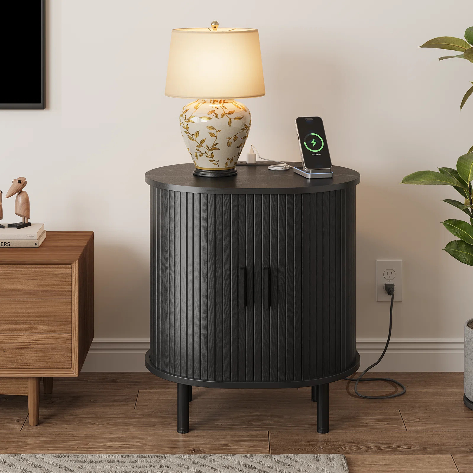 23.5"H Wooden Round End Table With Charging Station | Wayfair North America