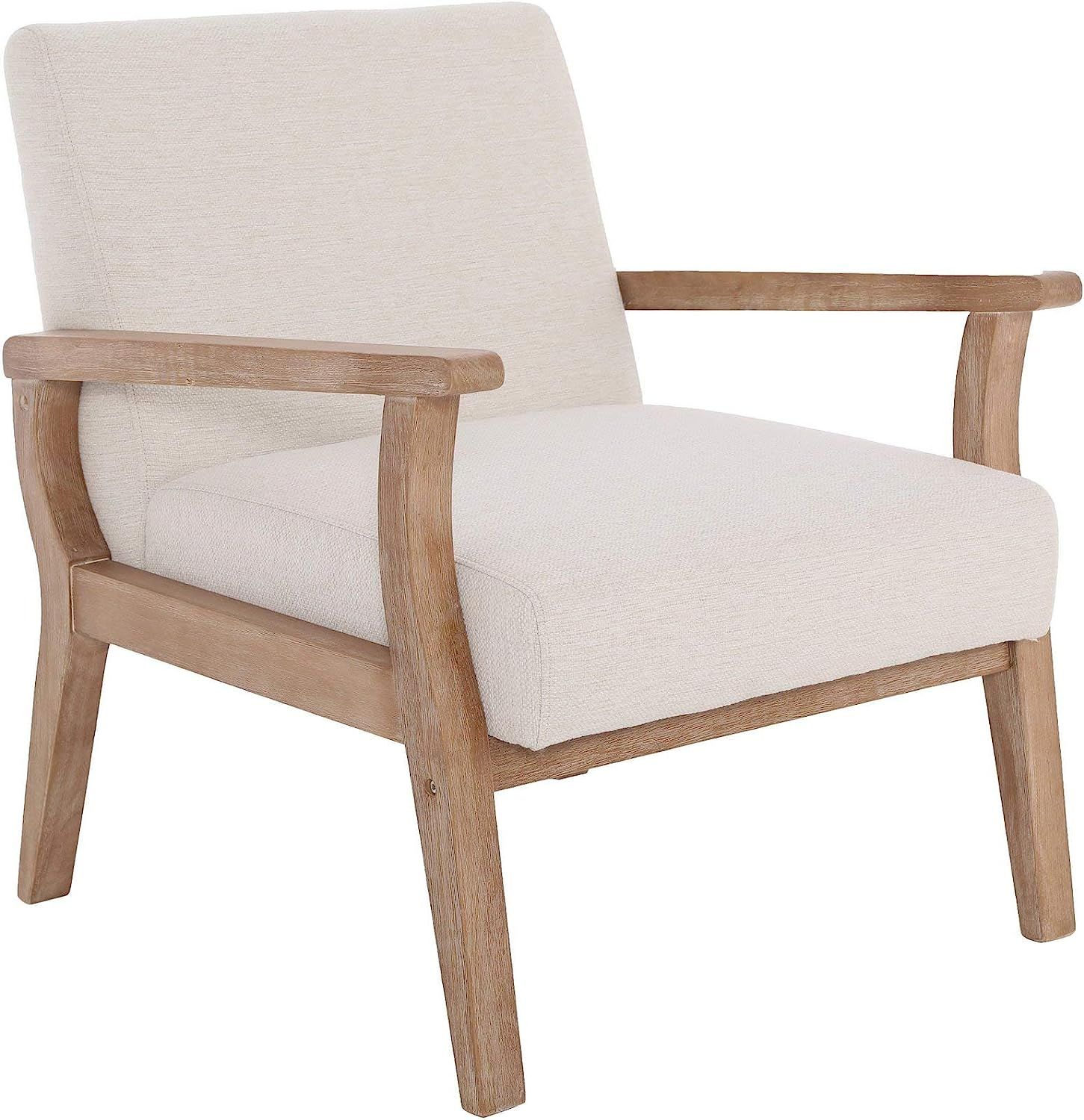 Mid-Century Armchair with Wood Frames, White Linen Upholstered Farmhouse Living Room Chair, for L... | Amazon (US)