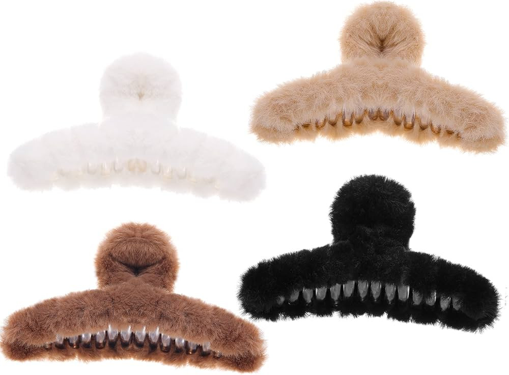 Tinblin 4pcs Faux Fur Hair Clips for Winter, 4.9 Inches Large Fuzzy Claw Clip for Thick Thin Hair... | Amazon (US)