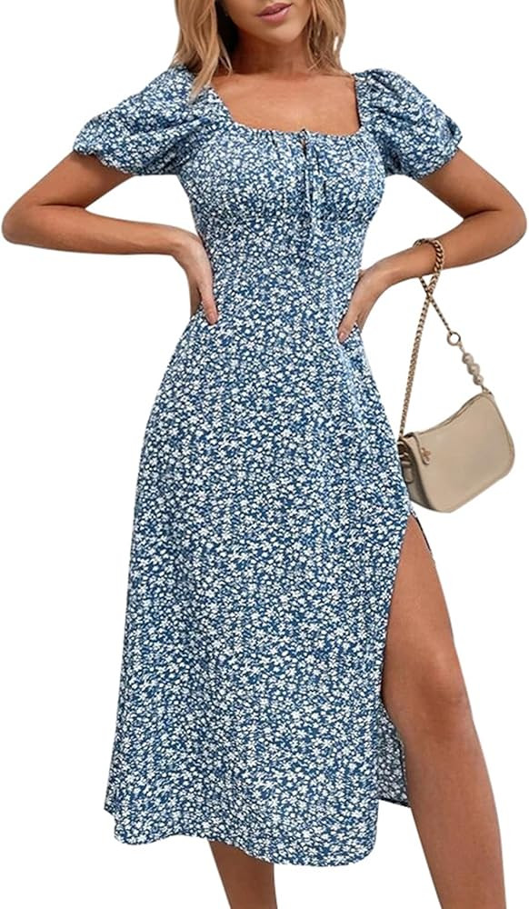 Bonkwa Women Slit Dresses Floral Midi Dress Short Puff Sleeve Square Neck Summer Dress Ruched Bus... | Amazon (US)