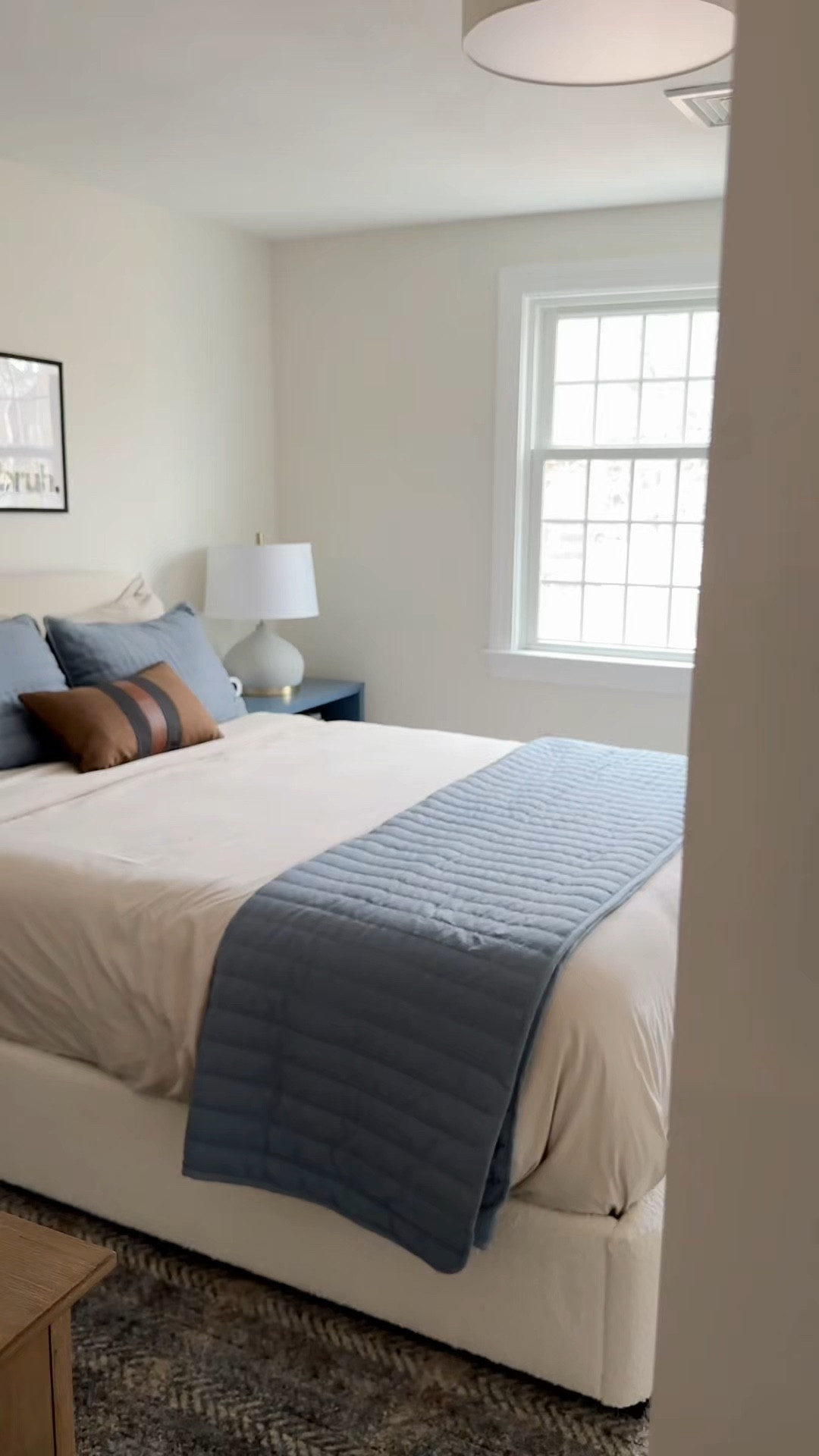 Tween boy bedroom with shades of blue, wood tones and lots of texture! These budget friendly curtains from Amazon are a must!! The curtains are the “blue fog” color.