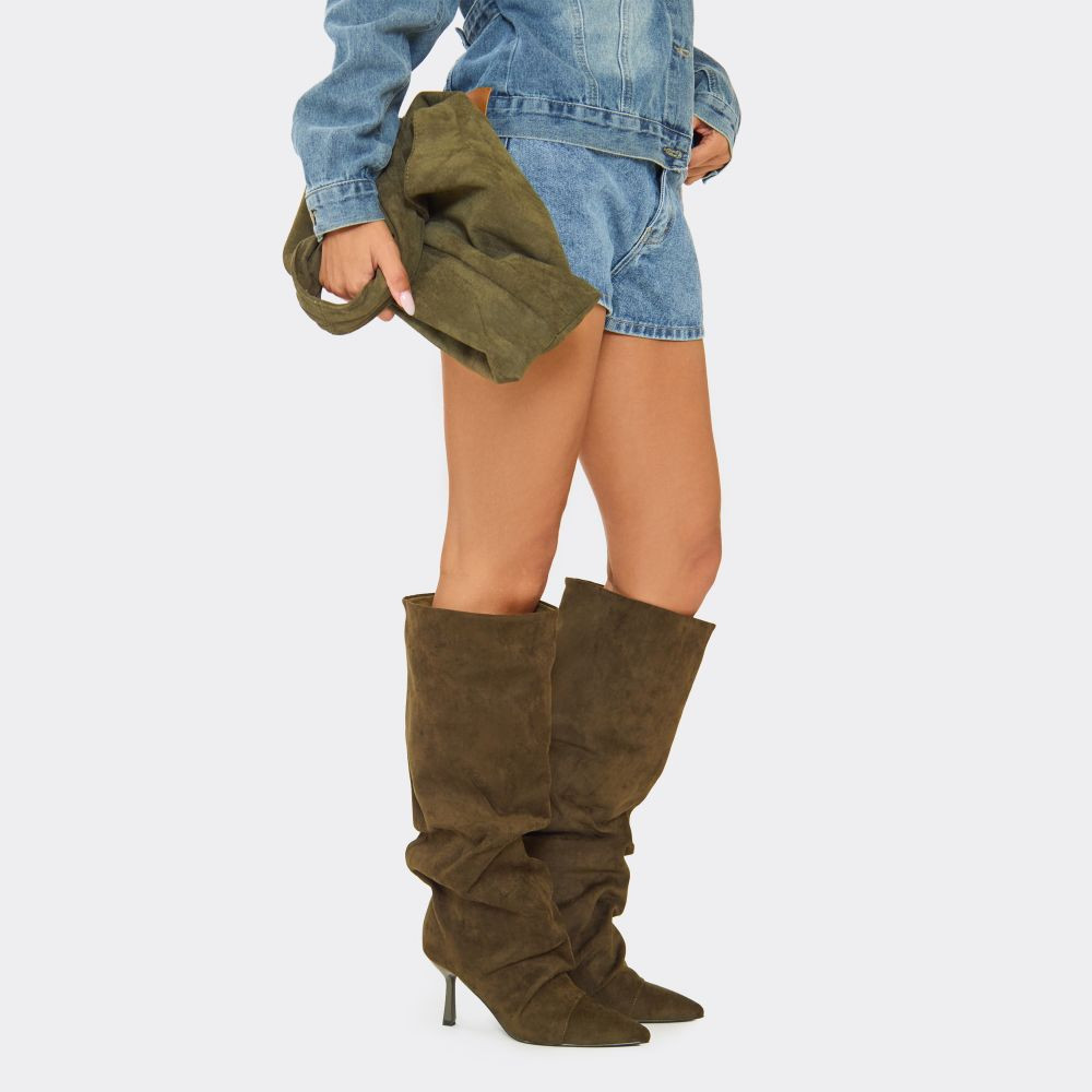 Cave Pointed Toe Slouched Detail Knee High Boot In Khaki Faux Suede | EGO (UK)