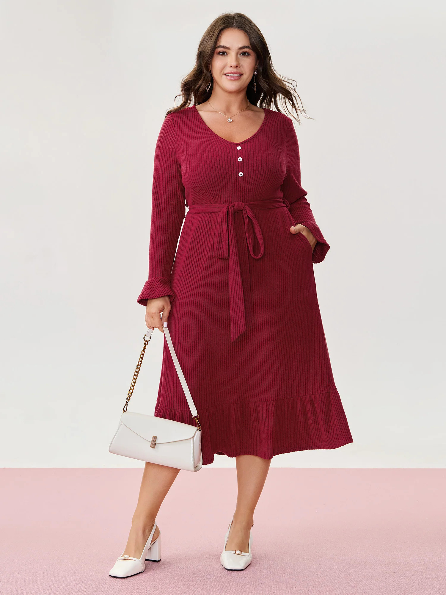 Textured Belted Waist Button Midi Dress | Bloomchic