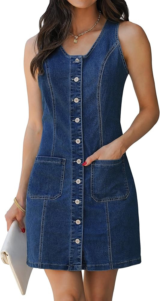luvamia Denim Dresses for Women Sleeveless Stretchy Jean Summer Casual Western Short Button Down ... | Amazon (US)