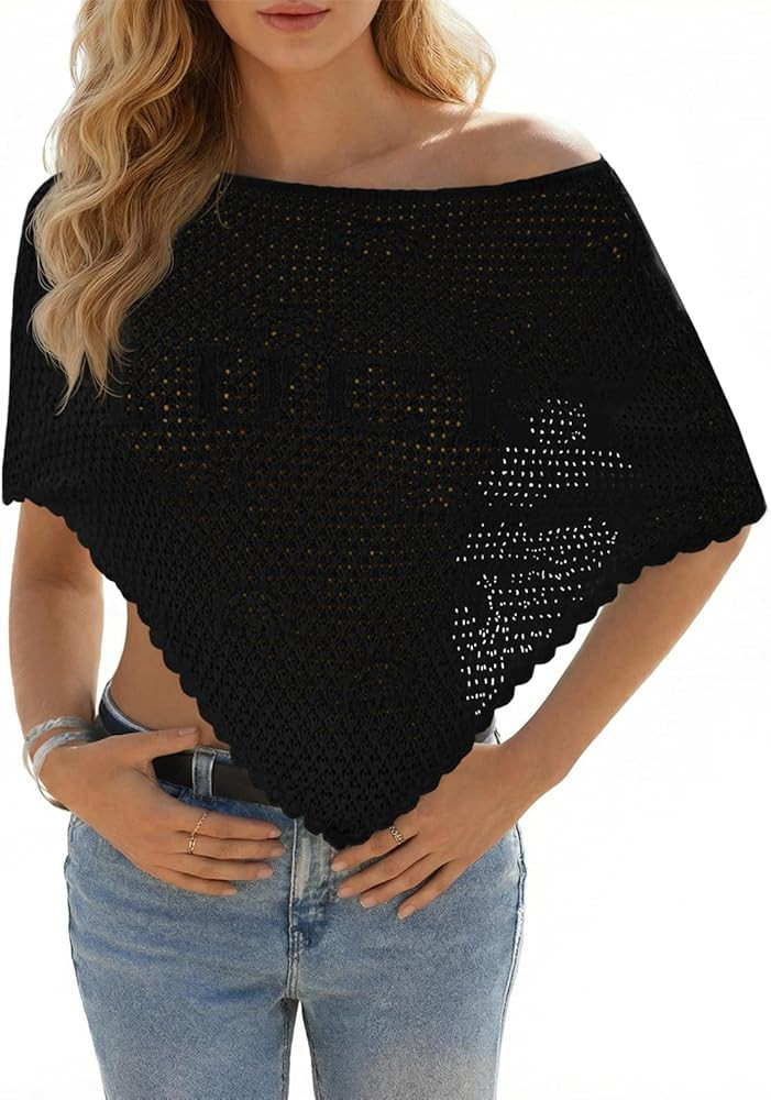 Fisoew Womens Crochet Cover Up Summer Sheer Ponchos Shawl Boho Beach Vacation Off The Shoulder Kn... | Amazon (US)