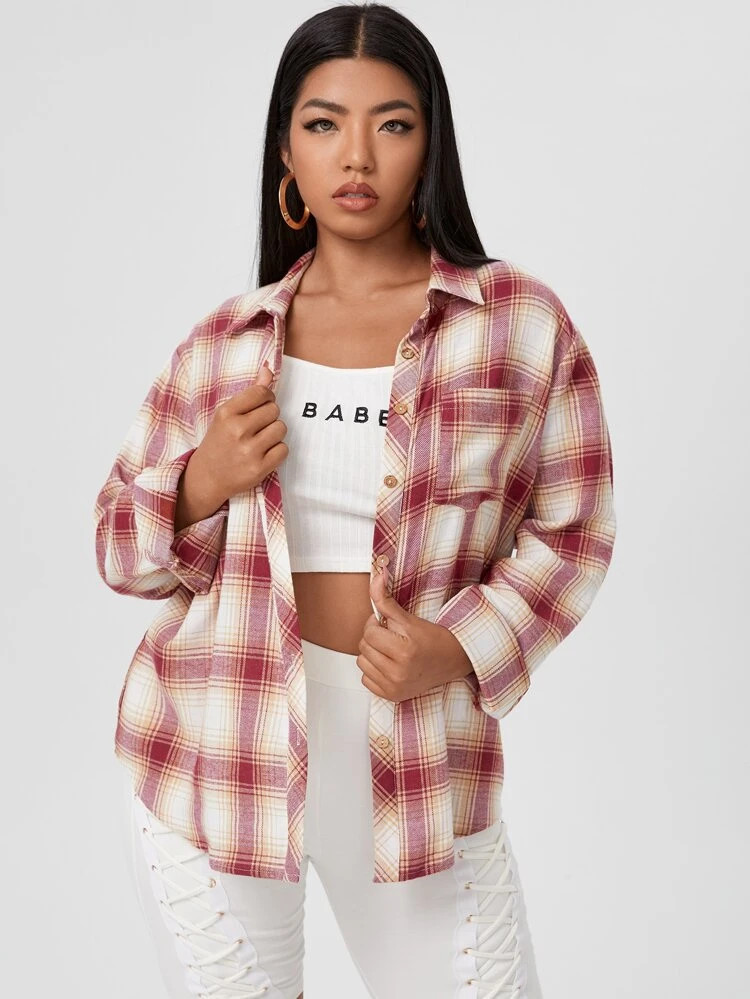 Plus Plaid Print Curved Hem Blouse | SHEIN
