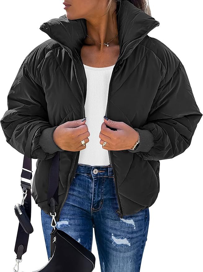 MEROKEETY Women's Long Sleeve Zipper Puffer Jacket Winter Quilted Short Down Coat with Pockets | Amazon (US)