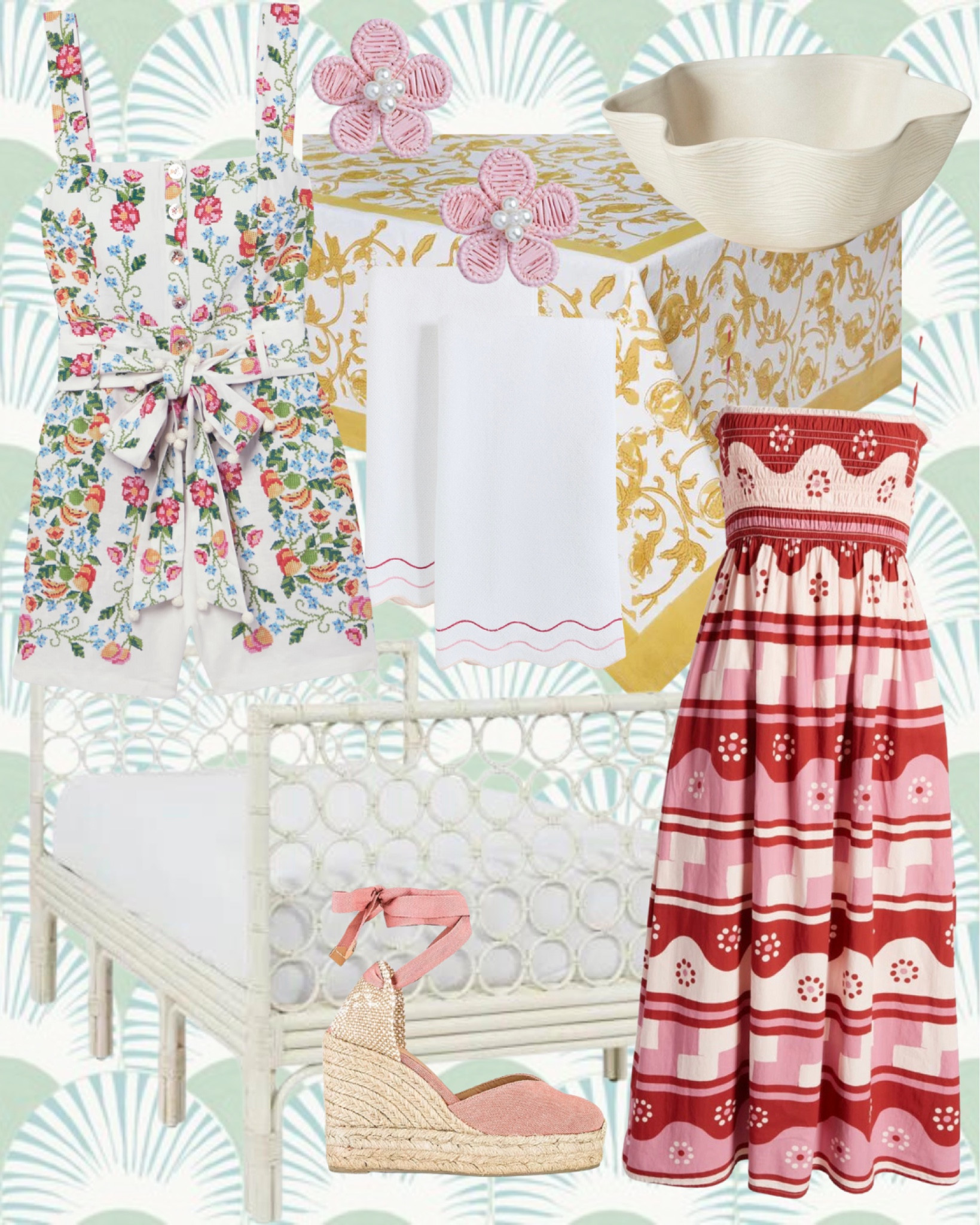 Farm Rio romper, rattan daybed, scalloped bowl, block print tablecloth, raffia earrings, espadrilles, maxi dress, Summer style, scalloped towel, grandmillennial style

#LTKFind #LTKshoecrush #LTKhome