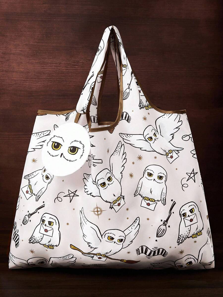 HARRY POTTER X SHEIN 1pc Foldable Polyester Tote Bag With Hedwig Graphic Print, Handbag With Pouc... | SHEIN