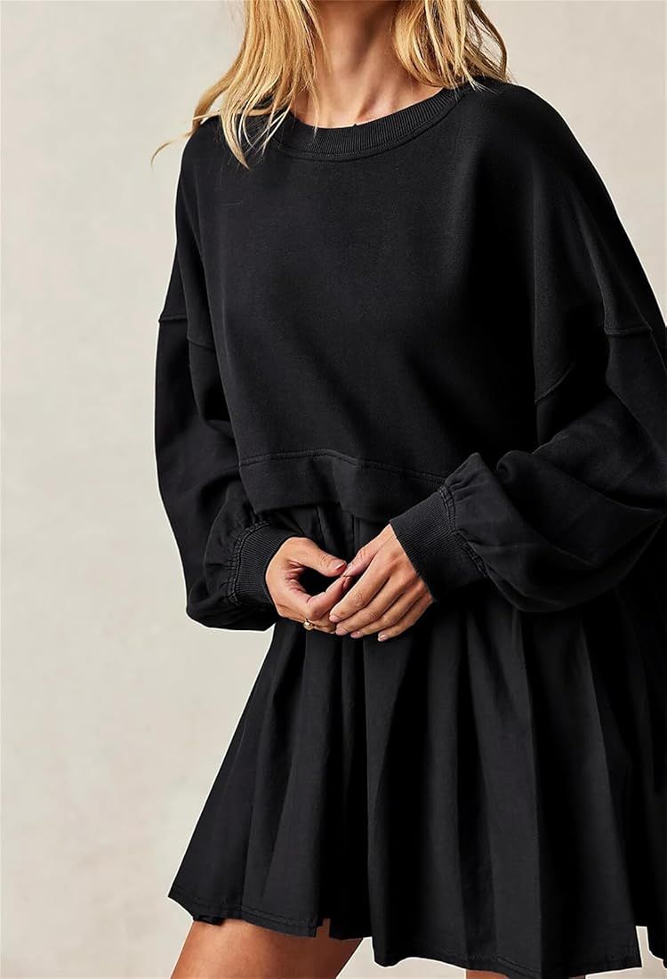 Women's Oversized Sweatshirt Dress Long Sleeve Patchwork Pullover Flowy Pleated Sweatshirts Mini ... | Amazon (CA)