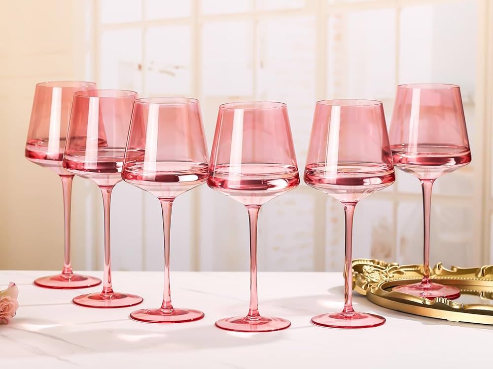 Physkoa PINK Wine Glasses Set of 6-14 oz, Unfading Color, Hand-blown - NOT Dishwasher Safe, Valen... | Amazon (US)