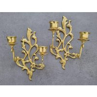 Vintage Pair Of Wall Sconces - Ornate Brass Dual Arm Candle Holders, Decorative Home Decor Accent, Scroll Motif | Etsy (US)