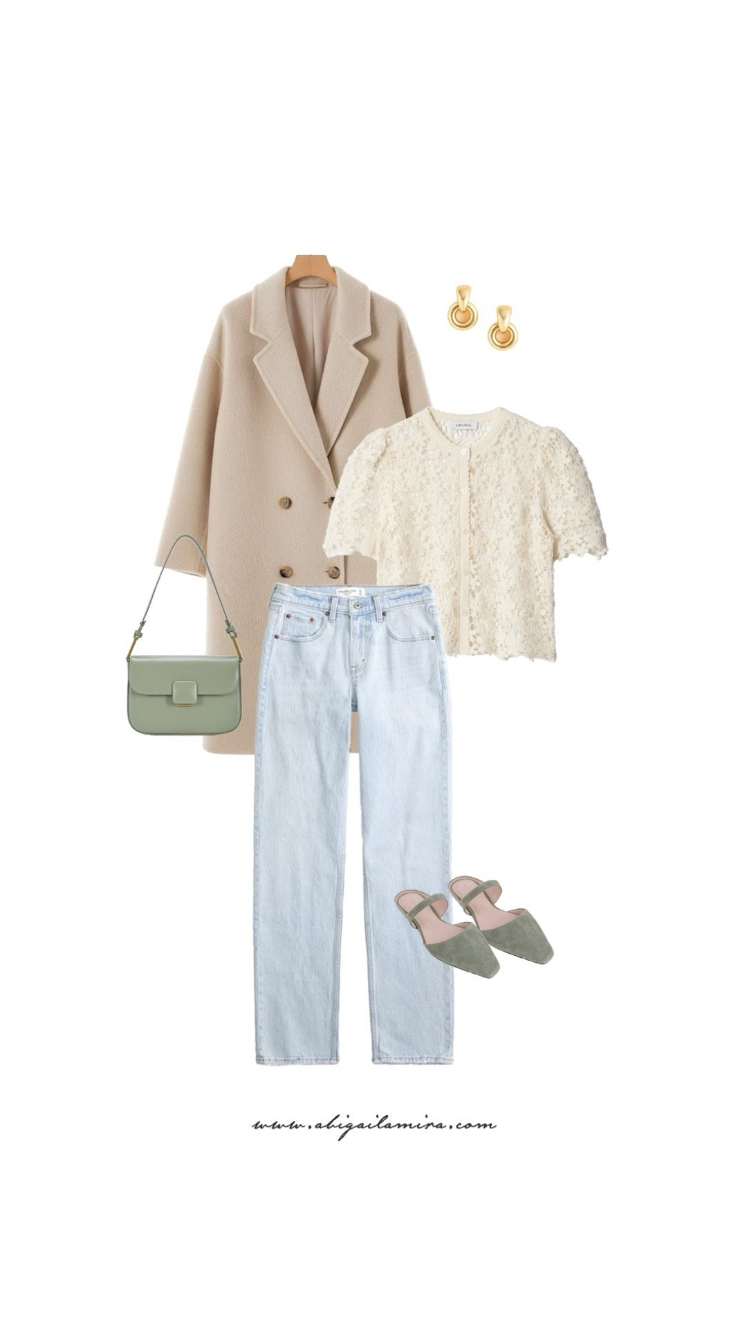 WHAT I'M WEARING WEDNESDAY 01/21/2026
This outfit is the perfect mix of soft femininity and everyday ease. The delicate lace top adds a romantic touch, balanced by relaxed light-wash denim and a classic neutral coat for effortless polish. Finished with muted green accessories and simple gold jewelry, this OOTD feels fresh, wearable, and ideal for transitioning between seasons in an understated style. See the full post at abigailamira.com

#LTKOver40 #LTKootd #LTKgrwm