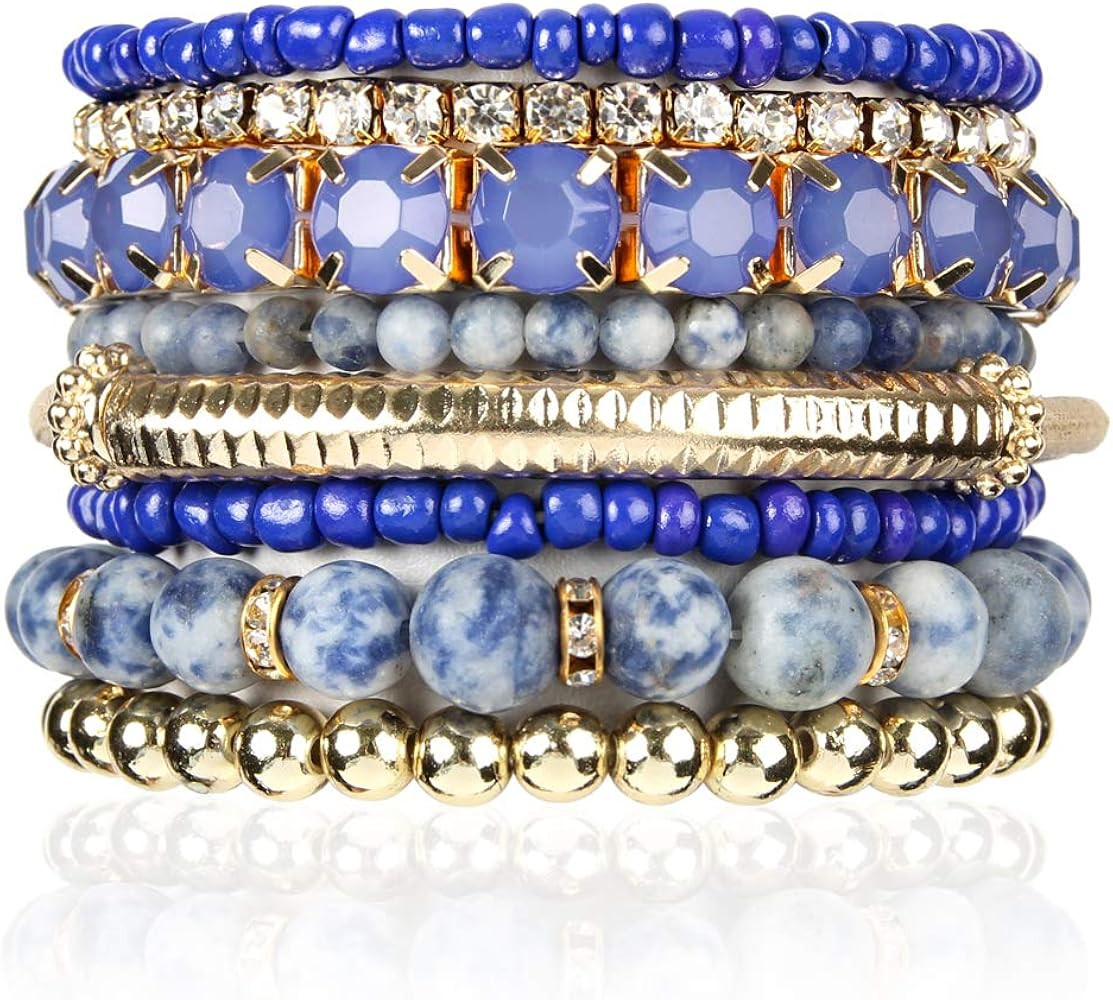 RIAH FASHION Multi Color Stretch Beaded Stackable Bracelets - Layering Bead Strand Statement Wrap... | Amazon (US)