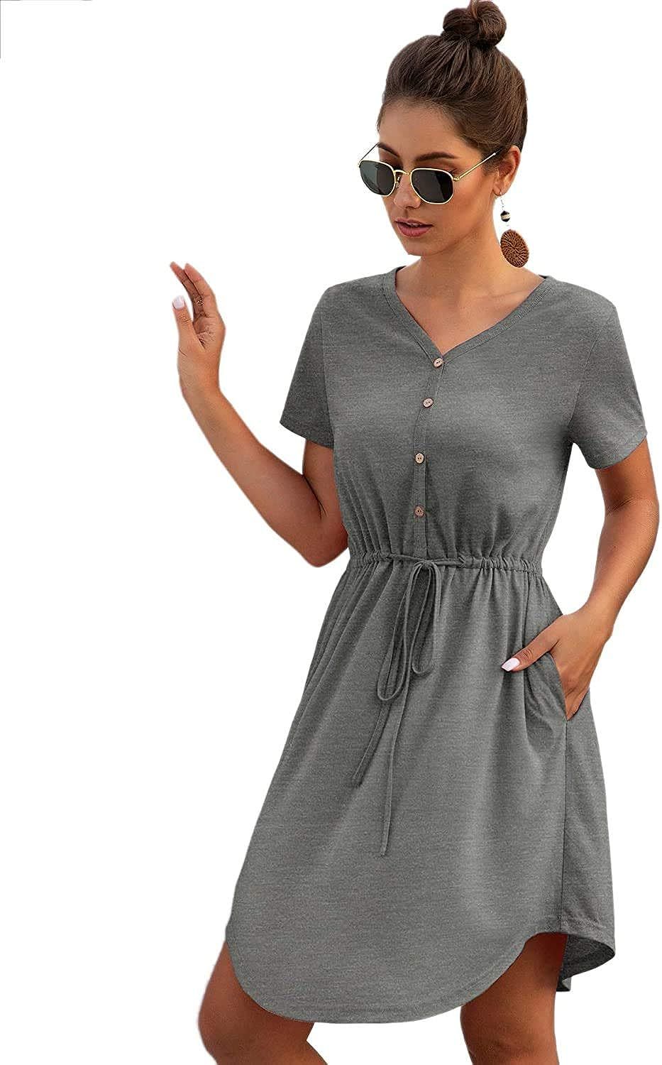 MakeMeChic Women's Solid Button Front Drawstring Waist A Line Short Dress | Amazon (US)