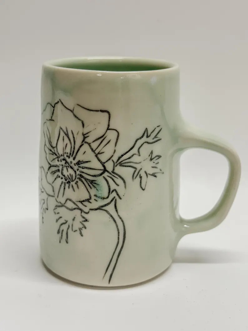 Handmade Floral Clay Coffee Mug: Black and Green Ceramic Tea Cup With Handle - Etsy | Etsy (US)