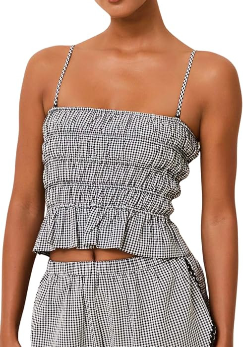 Tsher Womens Gingham Plaid Ruffle Hem Crop Cami Top with Removable and Adjustable Spaghetti Strap... | Amazon (US)