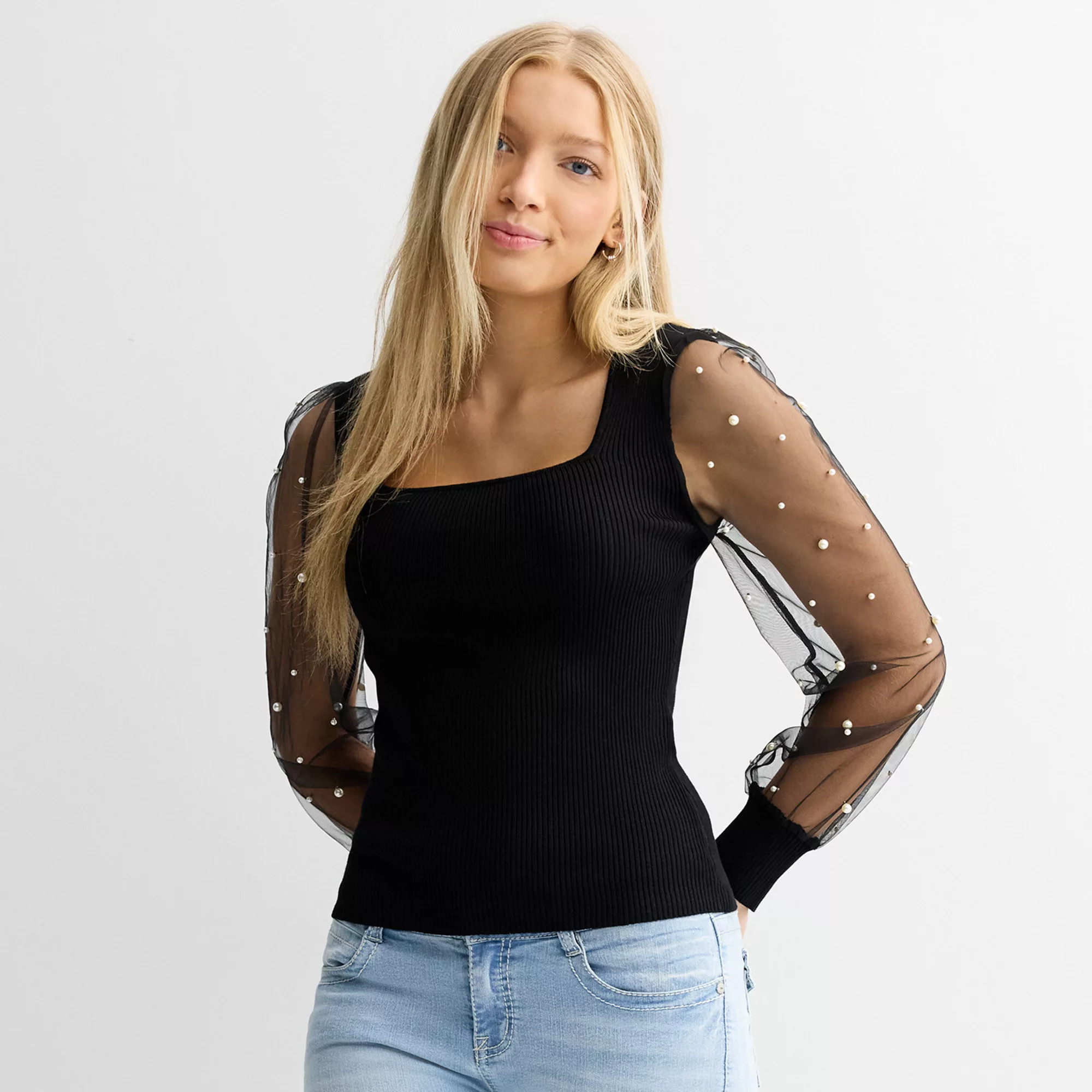 Juniors' madden girl Long Sleeve Square Neck Pullover Sweater with Pearled Illusion Mesh Sleeves | Kohl's