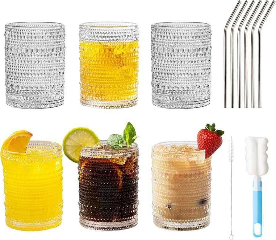 Cocktail Glasses Vintage Drinking Glasses - 13 OZ Hobnail Glassware with Straw Set of 6 - Bubble ... | Amazon (US)