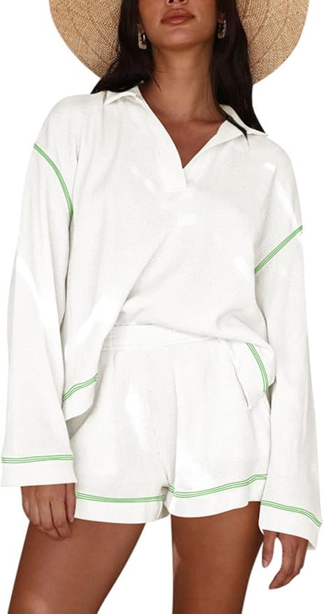 Pink Queen Women's 2024 Fall Casual Waffle Knit Long Sleeve Lounge Sets Casual Top and Shorts 2 P... | Amazon (US)