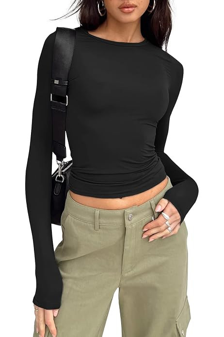 SUUKSESS Women Double Lined Fitted Basic T Shirts Crew Neck Long Sleeve Crop Top | Amazon (US)