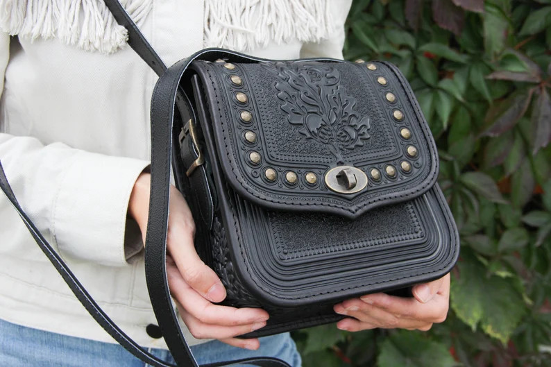 Handmade Black Leather Crossbody Bag: Hot Tooled Oak Leaf Design | Etsy (US)