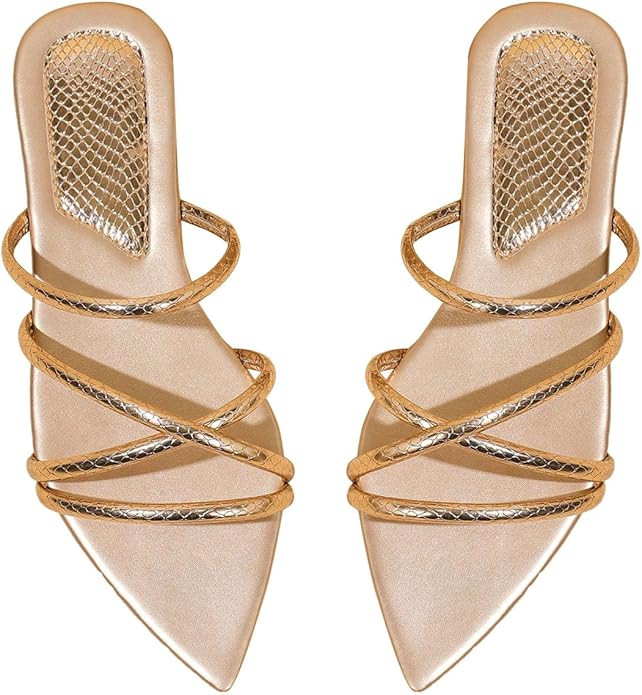GORGLITTER Women's Metallic Sandals Open Toe Flat Strappy Dressy Fancy Slide Sandals | Amazon (US)