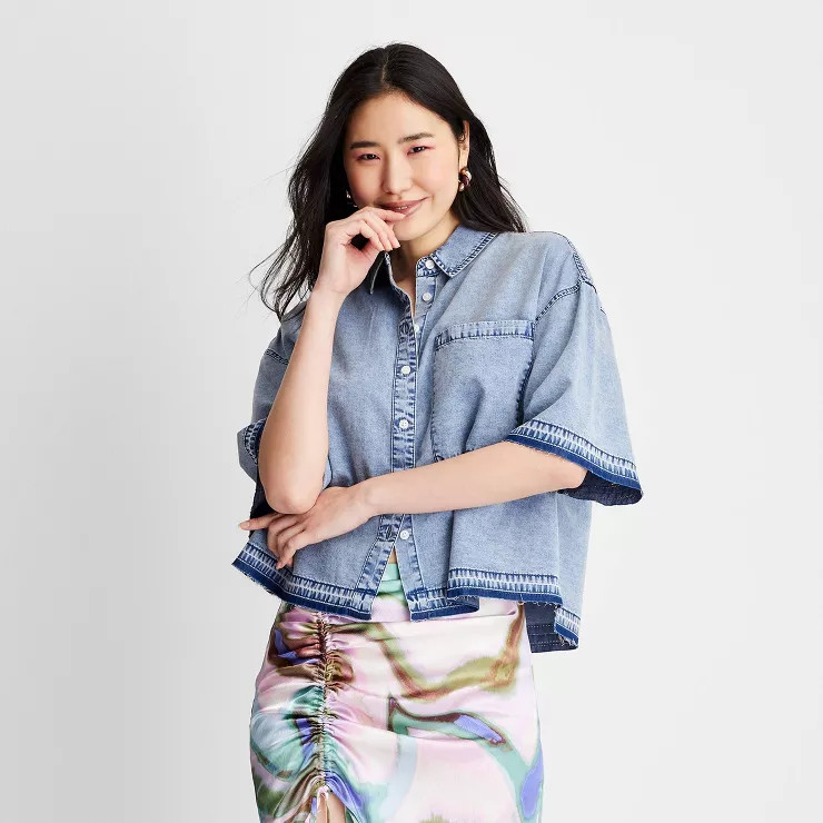 Women's Short Sleeve Boxy Denim Shirt - Future Collective™ with Gabriella Karefa-Johnson Blue | Target