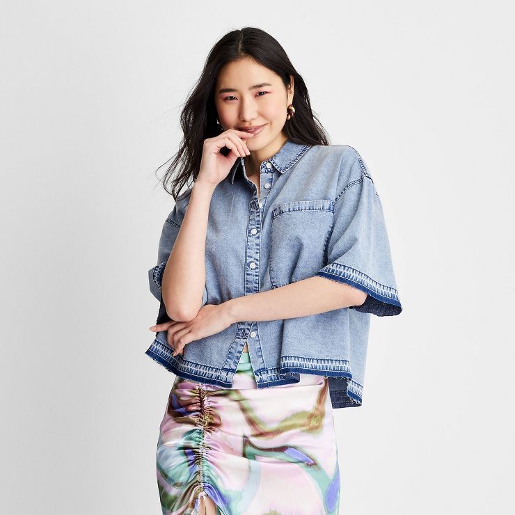 Women's Short Sleeve Boxy Denim Shirt - Future Collective™ with Gabriella Karefa-Johnson Blue | Target