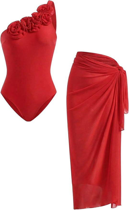Women's 2 Piece Bathing Suit 3D Floral One Shoulder Swimsuit with Cover Up Skirt | Amazon (US)